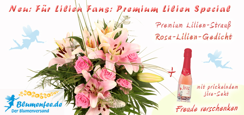 Sommer-Lilien-Special: Premium Lilien Blumenstrauß Rosa-Lilien-Gedicht online verschicken mit prickelndem Jive-Sekt